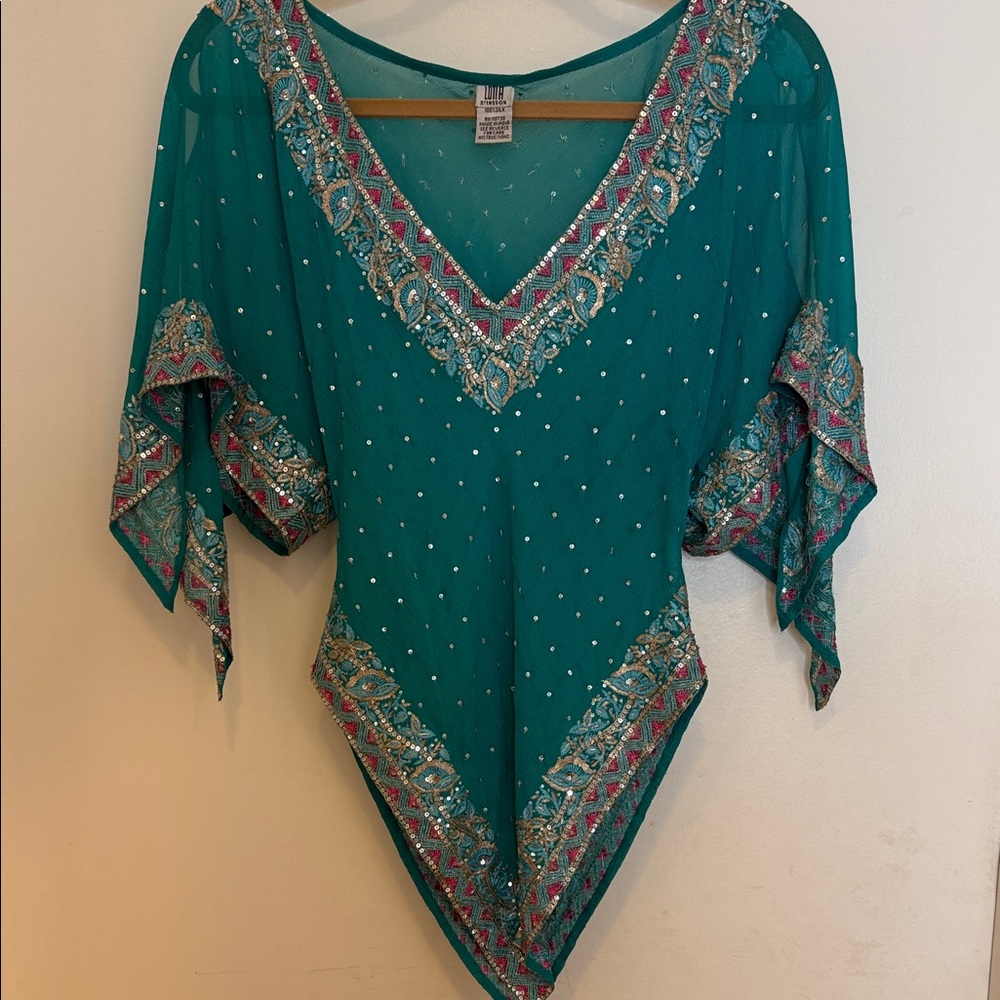 Chic Teal V-Neck Women's Blouse with Silver and Pink Accents - Picture 3 of 7